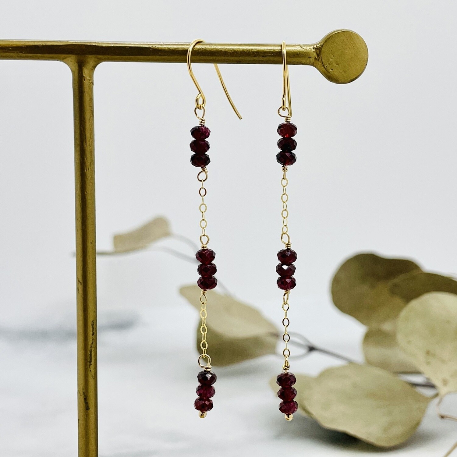 Handmade Long Triple Garnet 14k GF Earrings