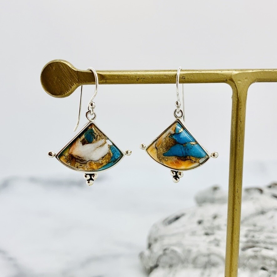 Spiny Oyster and Turquoise Triangular French Wire Earrings