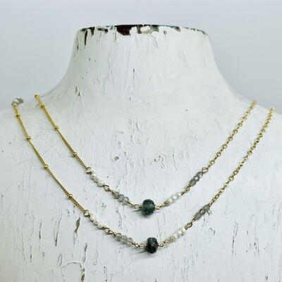 Long Aquamarine, Labradorite, and Pearl 14k Goldfill Necklace