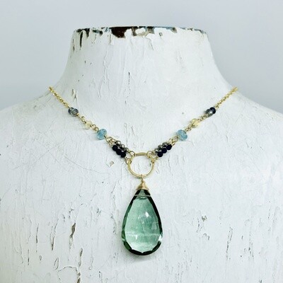 Green amethyst with opal, apatite, iolite, silver pyrite on 14k Goldfill Chain Necklace