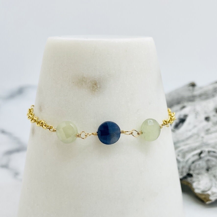 Handmade Bracelet with 2 light/1 dark blue sapphire coins, 14 k g.f. chain