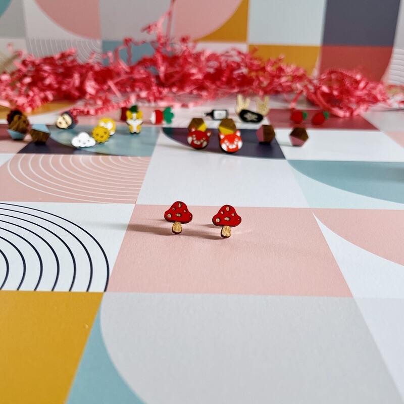 Handmade Mushroom Lasercut Wood Earrings on Sterling Silver Posts