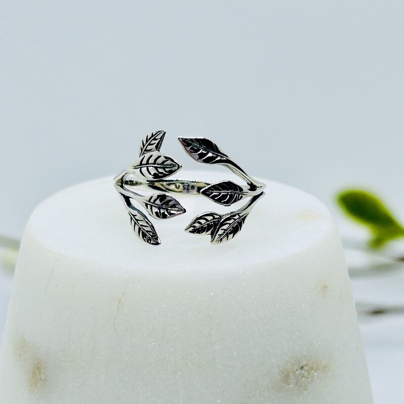 Silver Leaf Cluster Wrap Ring, Adjustable