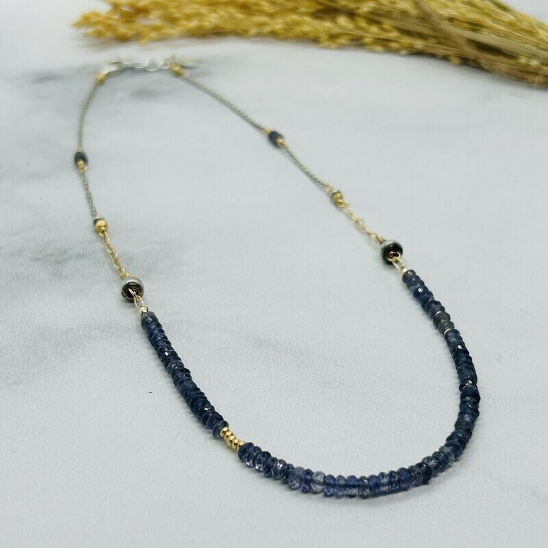 Handmade Necklace with string of faceted 4mm Iolite with sterling and 14kt gold filled chain