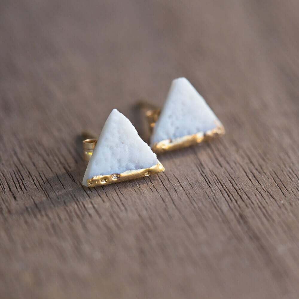White Coral Clay and Gold Luster Triangle Stud Earrings