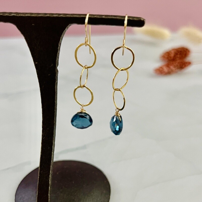 Long Goldfill Loopy Earrings with Blue Topaz Drop