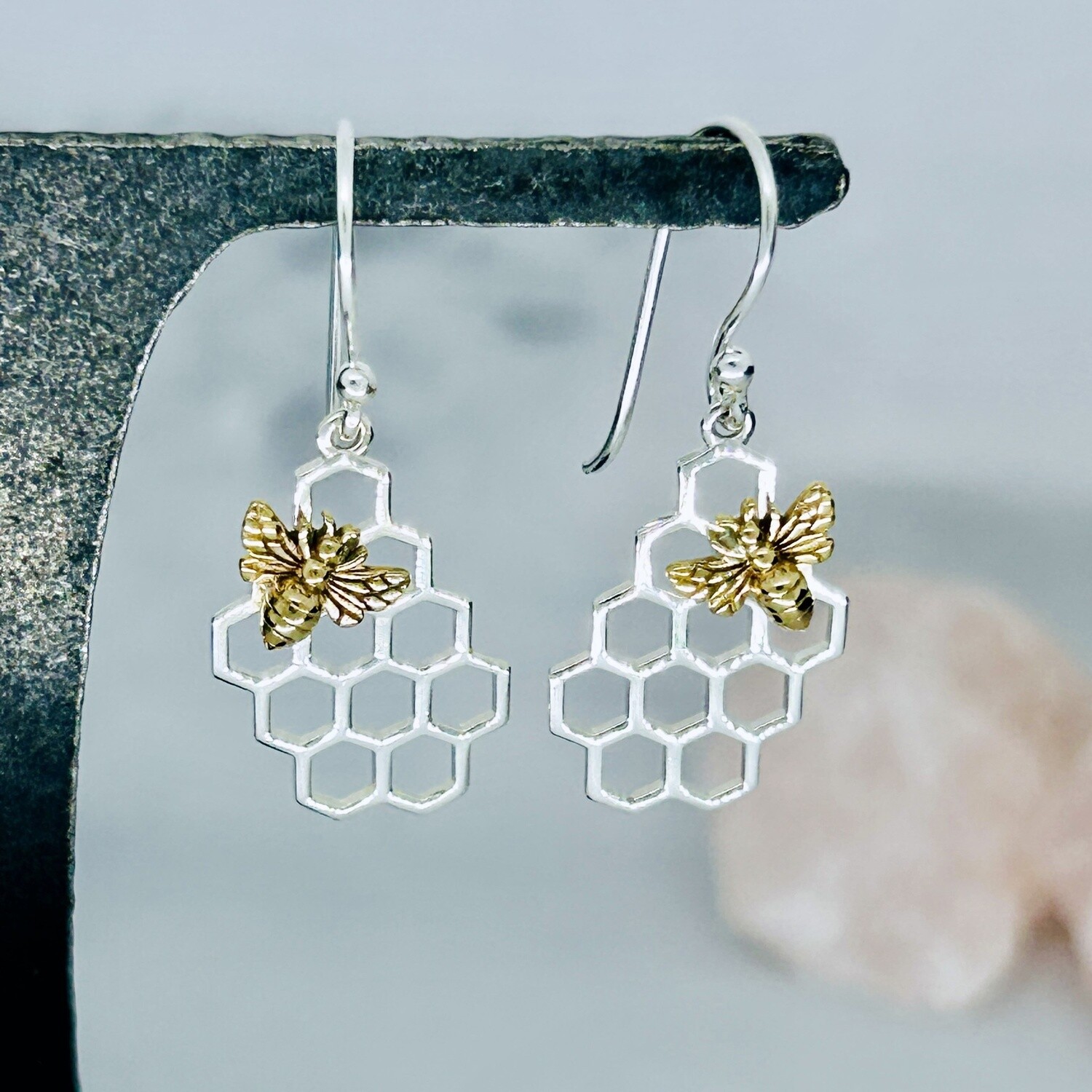 Silver Honeycomb Earrings with Bronze Bee
