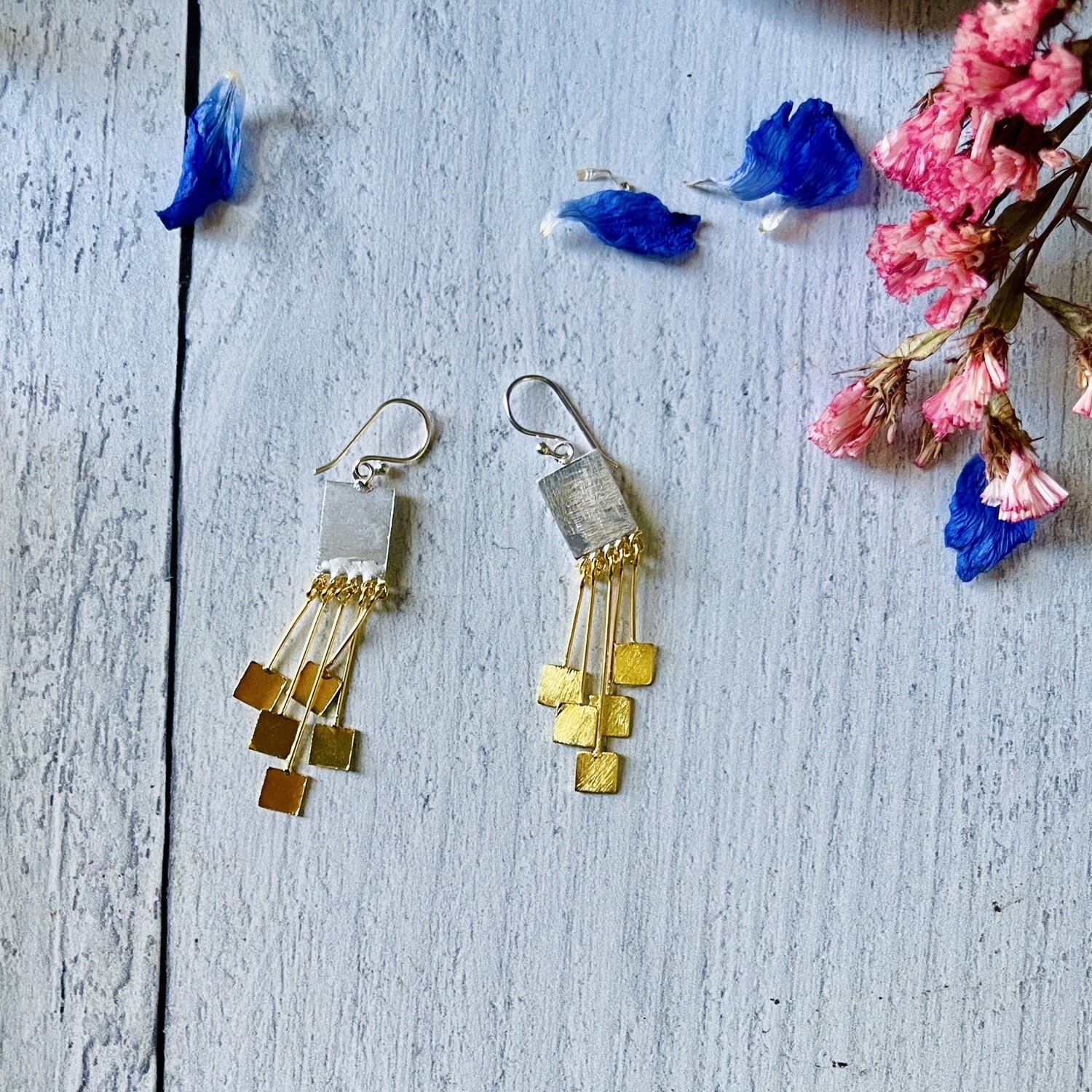 Two Tone  Dangling Squares Earrings, SS &amp; GV