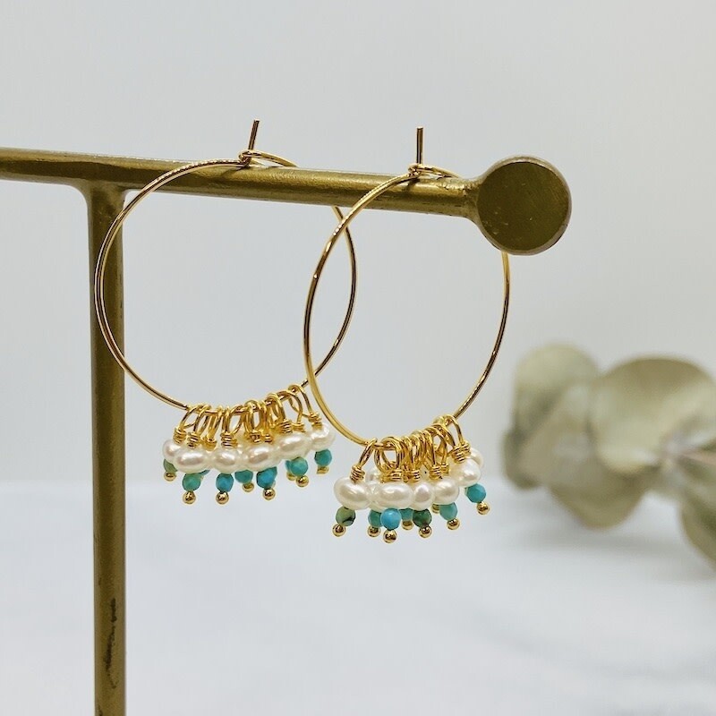Bohemian Turquoise and Pearl Hoop Earrings