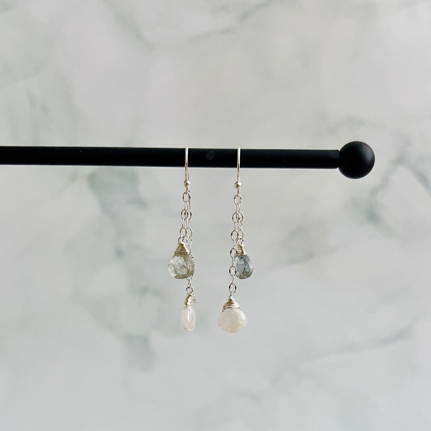 Handmade Earrings with rainbow moonstone briolette, moss aquamarine briolette on 2 chains