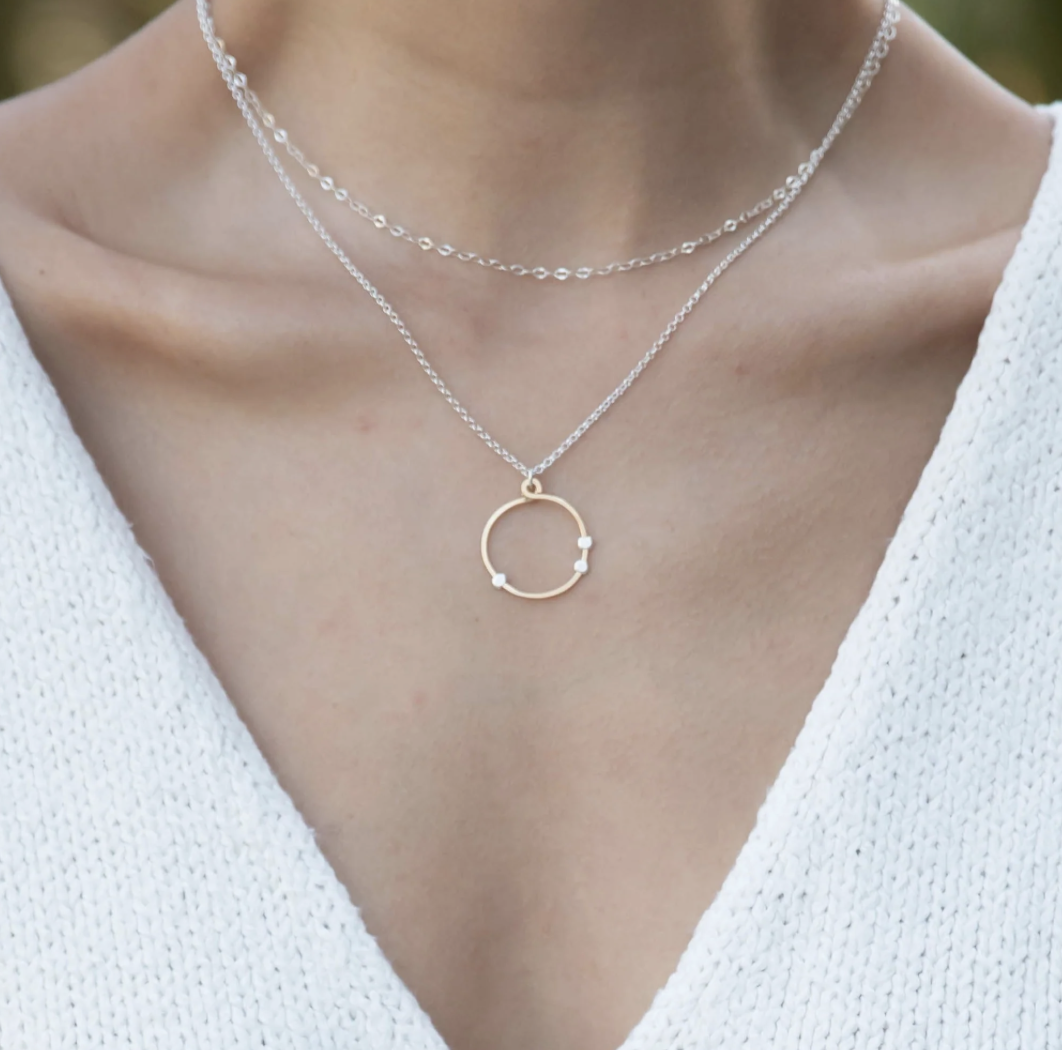 Cosmos Mini Necklace: Gold Circle w/ Silver Dots on 18" Silver Chain