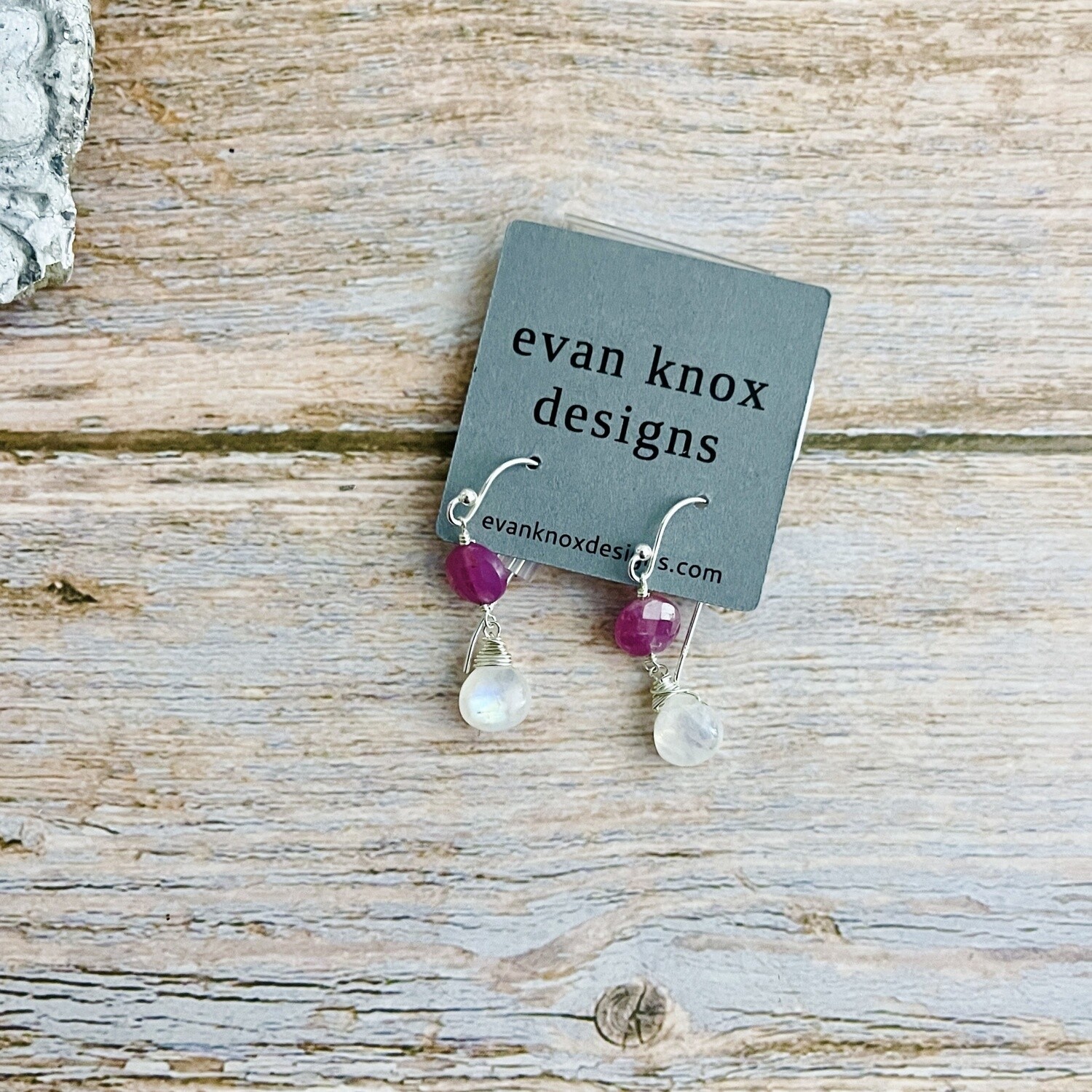 Handmade Silver Earrings with rainbow moonstone briolette, pink sapphire coin