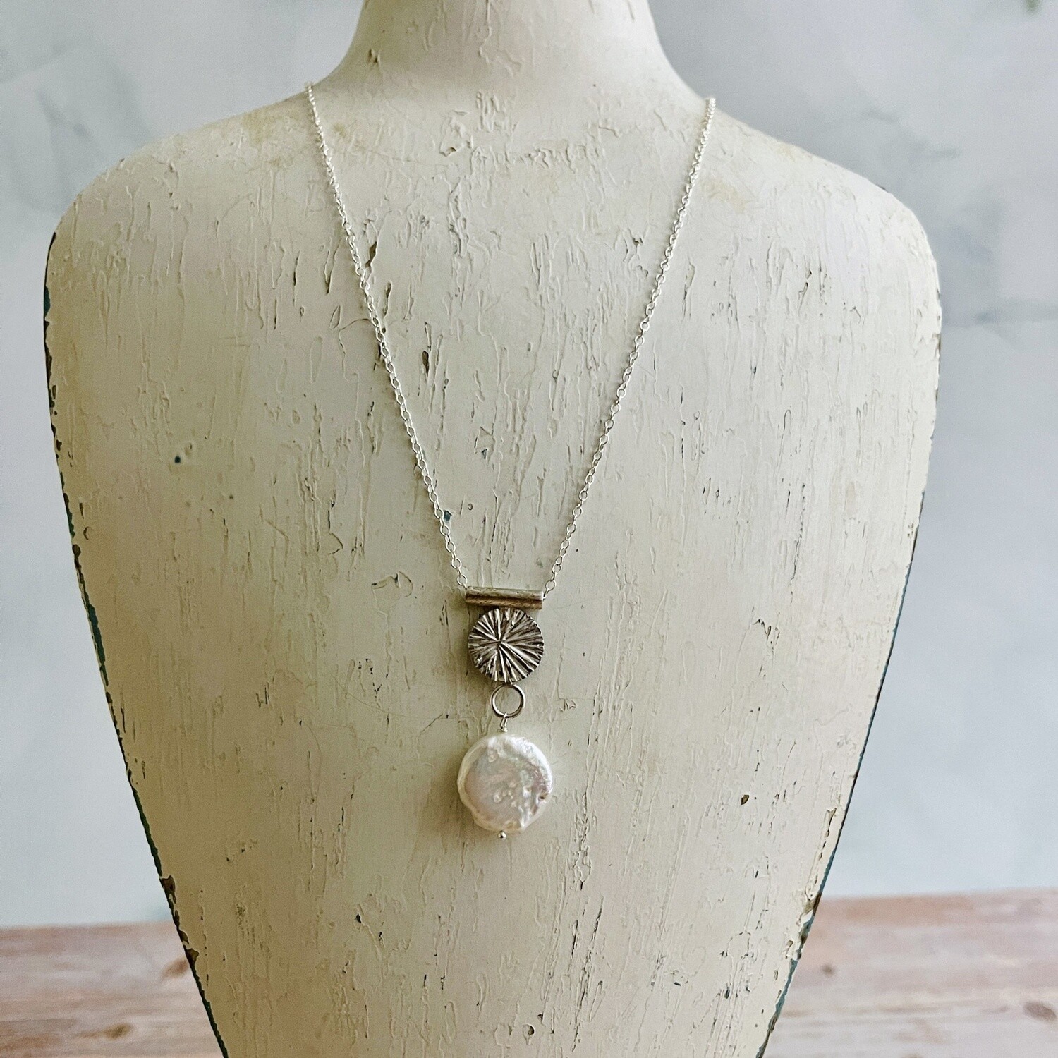 Handmade Necklace with brushed tube-starburst disk bail, white coin pearl 16&quot;, 1.75&quot;