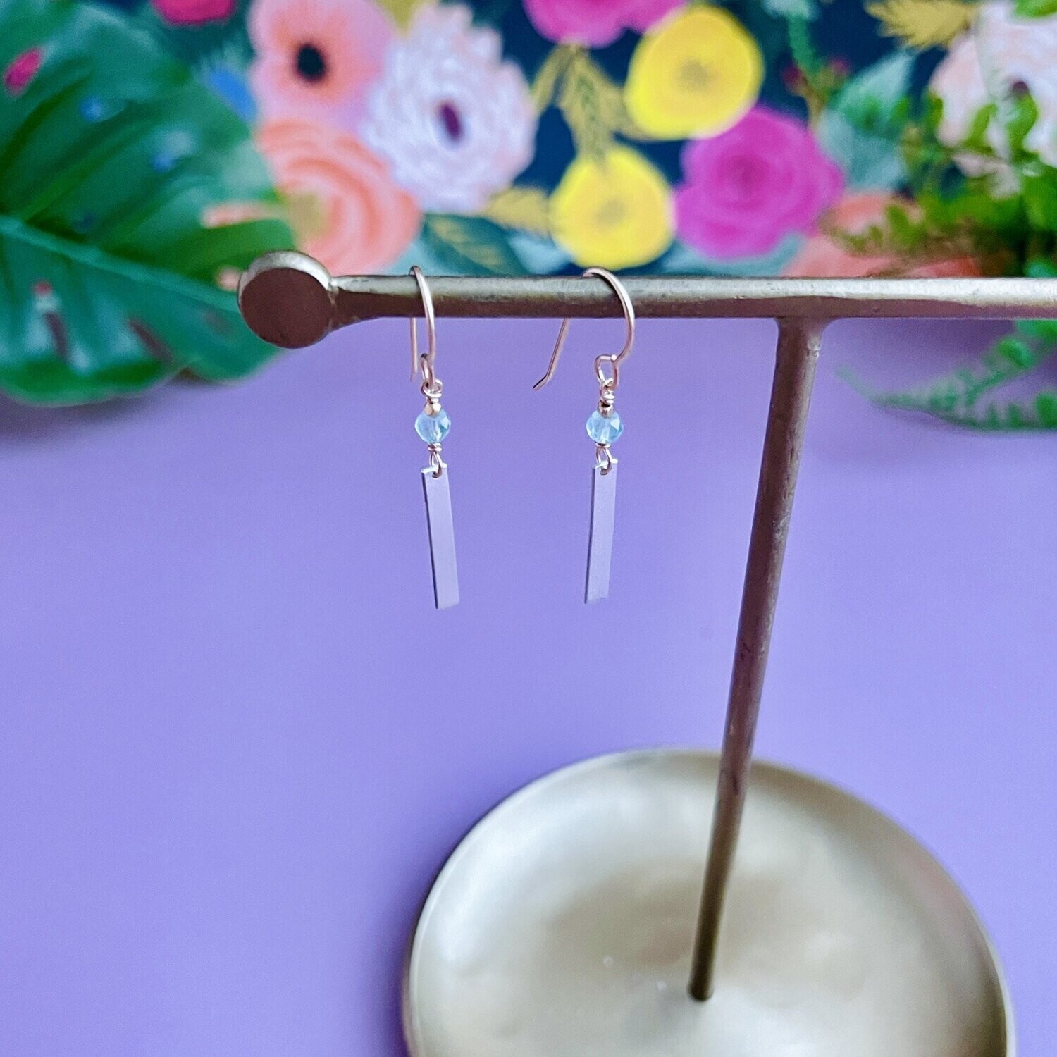 Handmade Aqua chalcedony, 14kt gold filled, sterling bar earring on gf hook