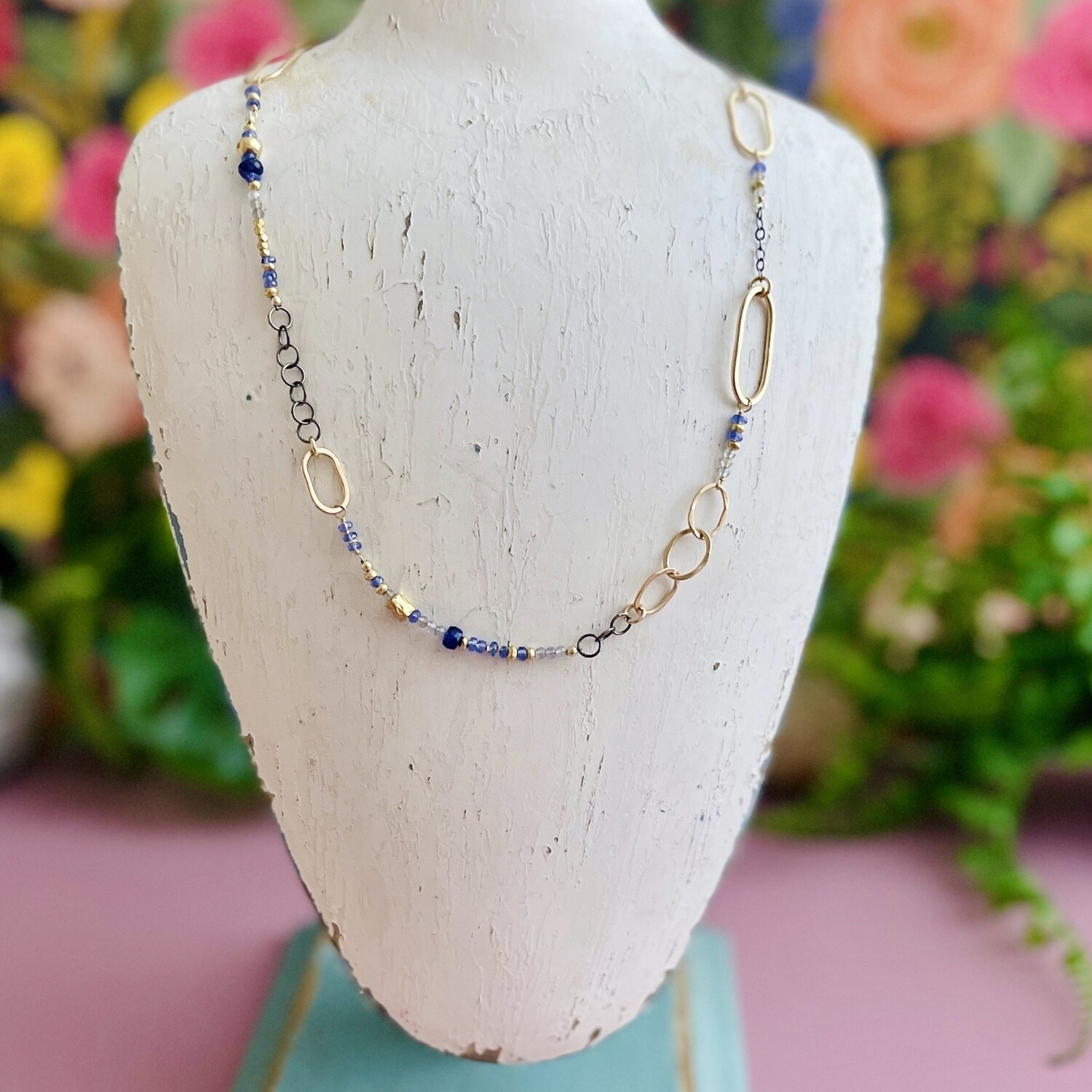 Handmade Tanzanite, blue sapphire, 14kt gold filled + sterling long necklace. 18&quot;L