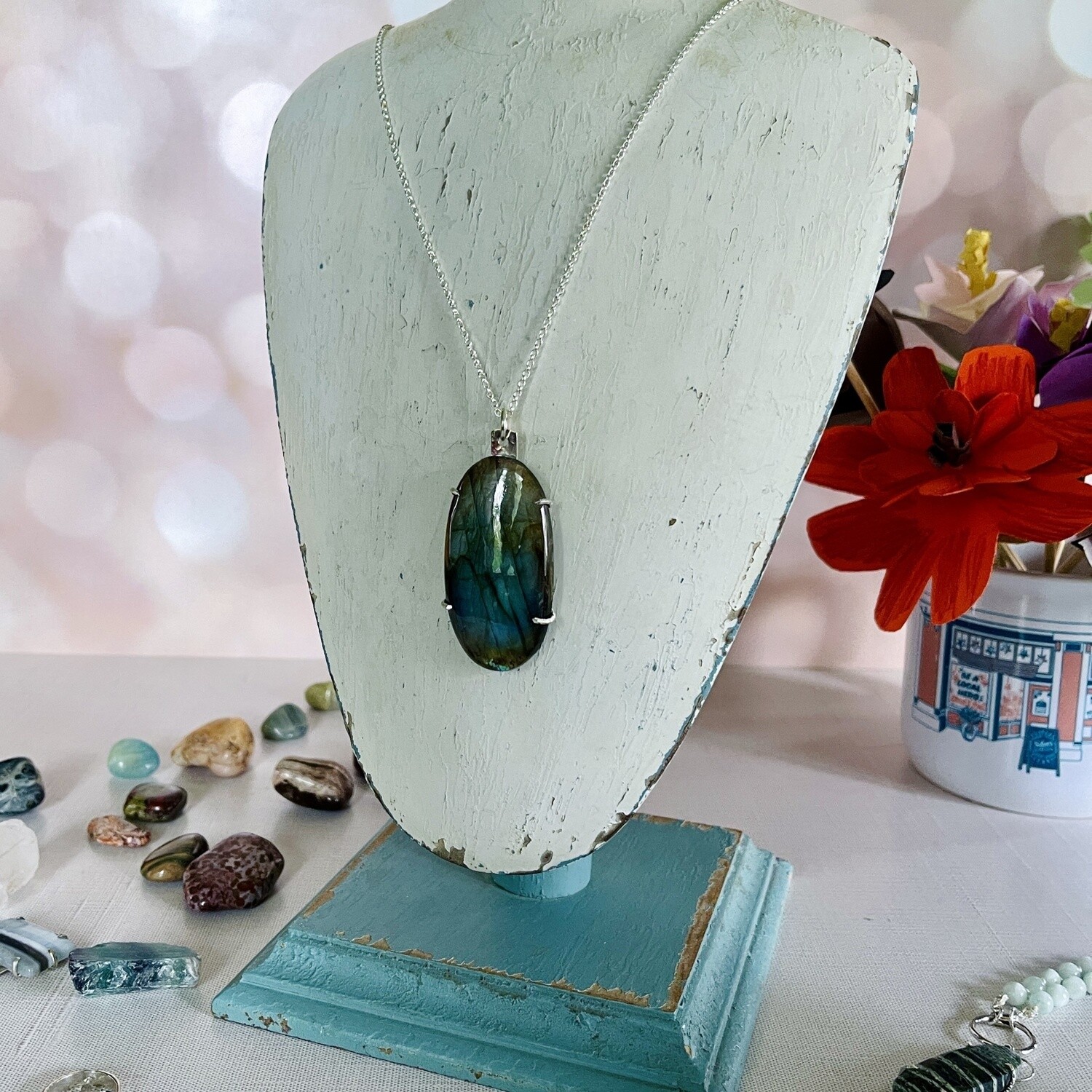 Handmade Necklace with large prong set labradorite