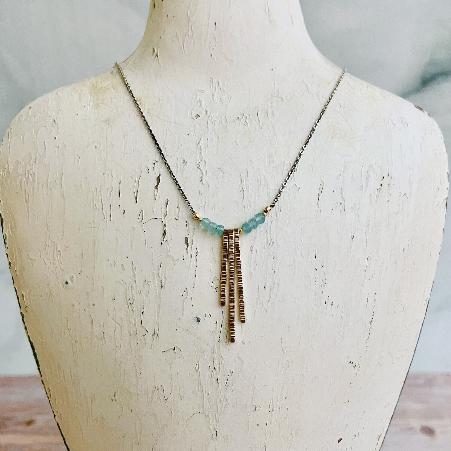 Three 14kt gf textured drops with 4mm faceted aqua chalcedony on oxidized sterling chain necklace