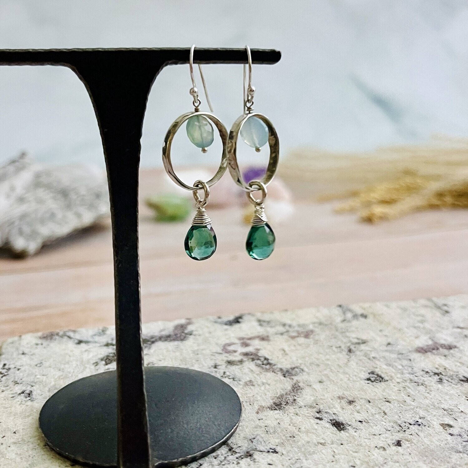 Handmade Silver Earrings with peruvian chalcedony coin, hammered ring, green hydro briolette