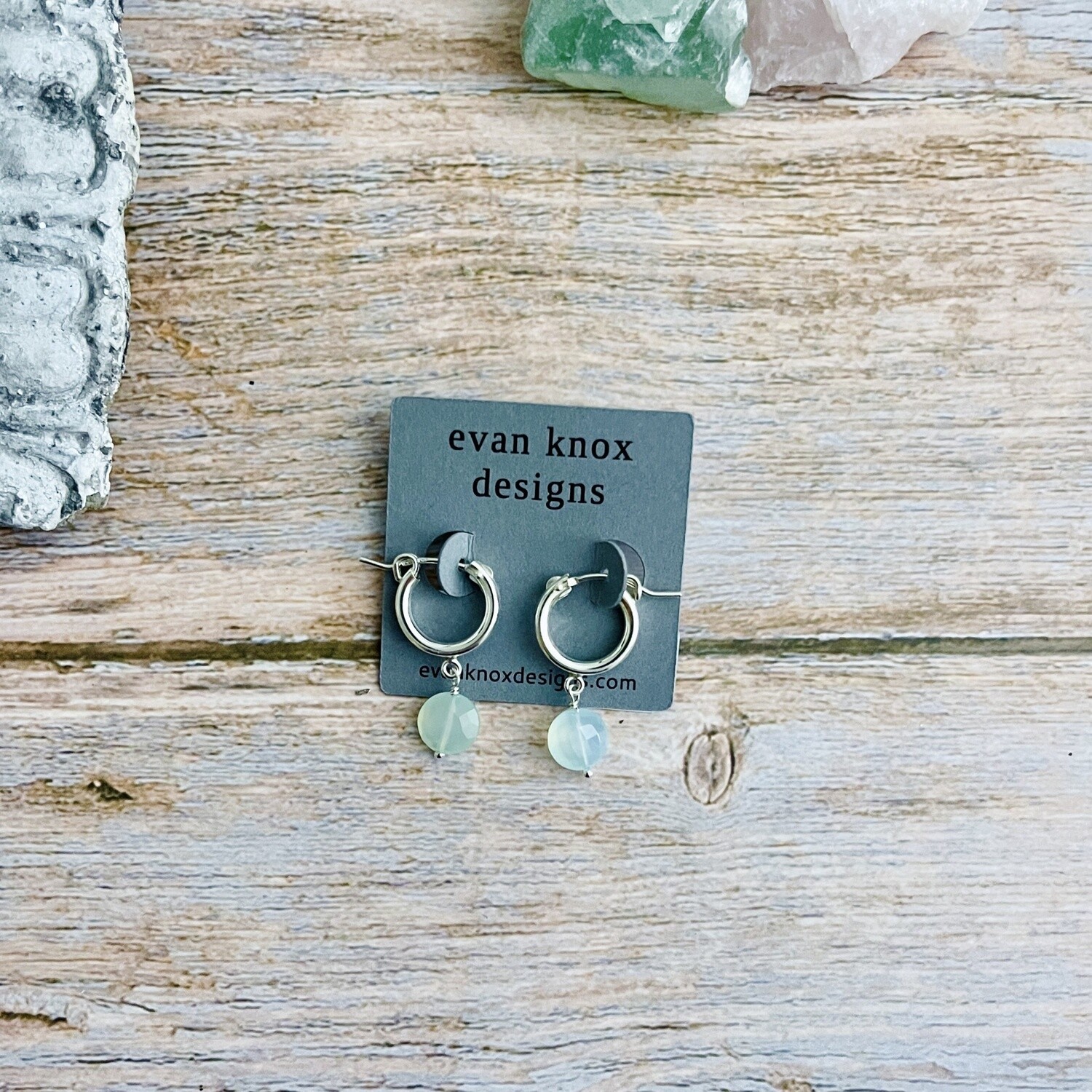 Handmade Silver Earrings with small hoop, chalcedony coin
