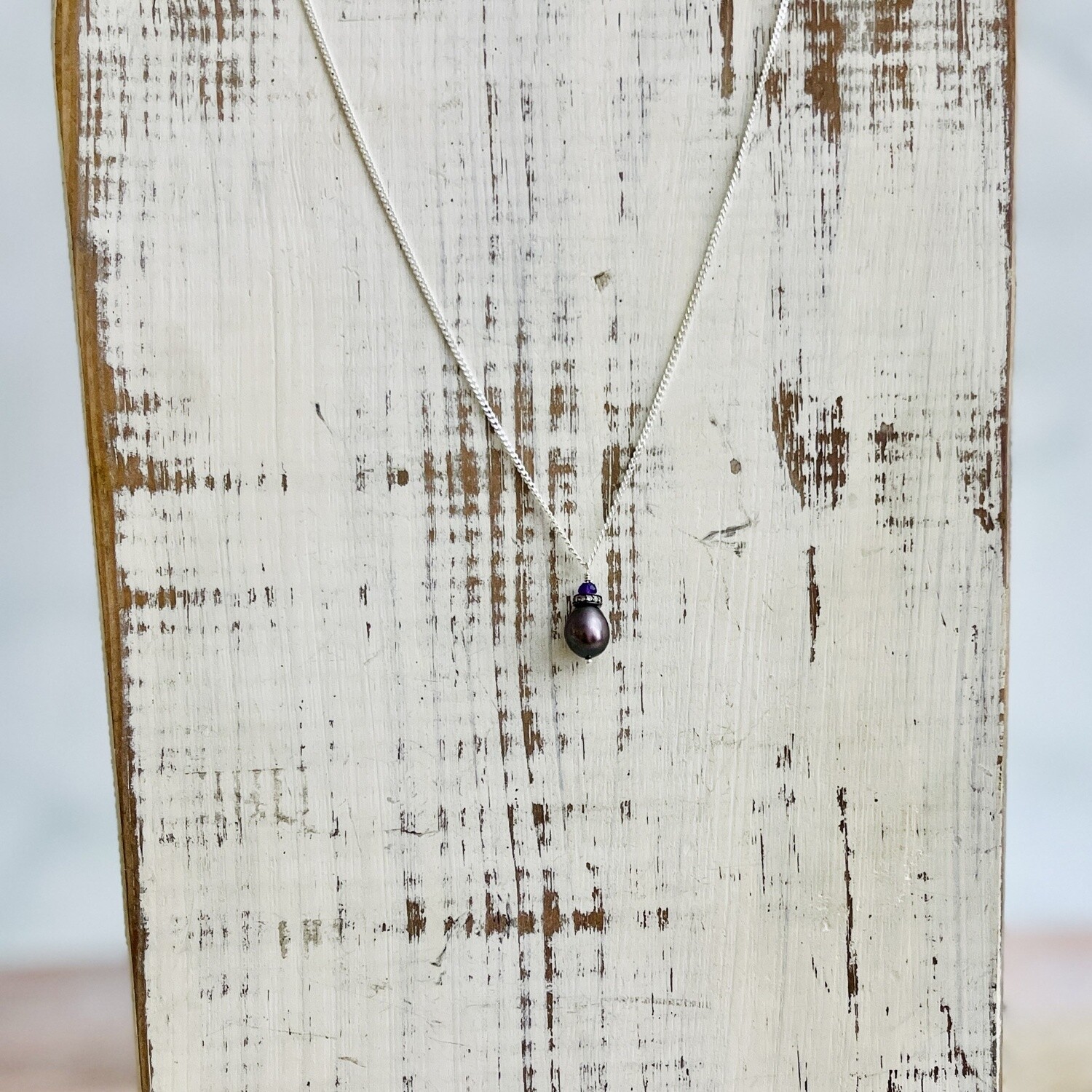 Handmade Silver Necklace with white pearl, pave diamond, garnet