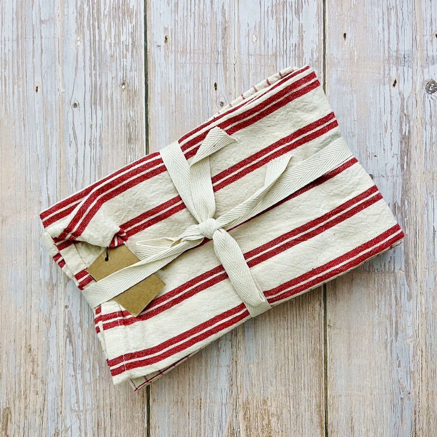 Woven Cotton Tea Towels w/ Grid Pattern/Stripes, Red &amp; Natural, Set of 3