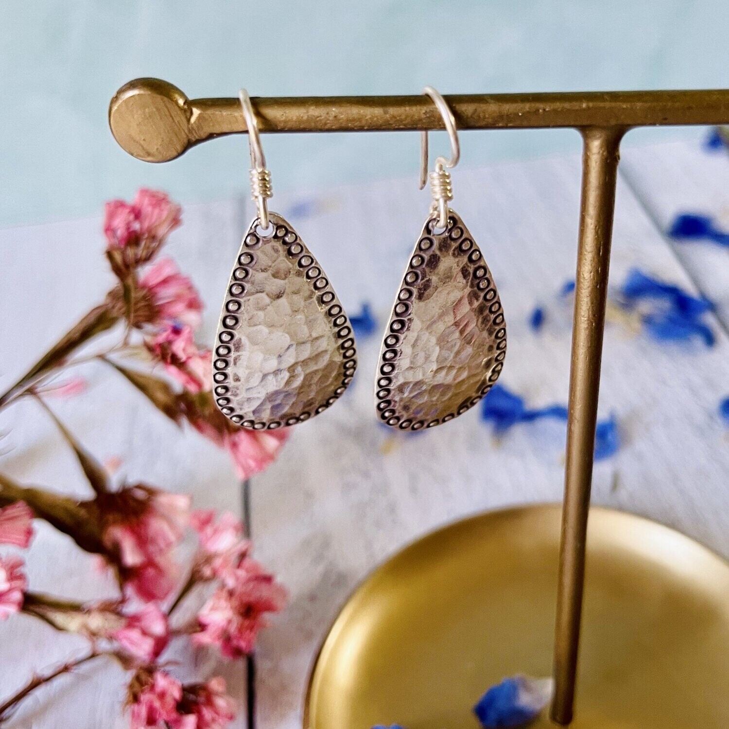 Silver Tear Drop Stamped Edges Earrings