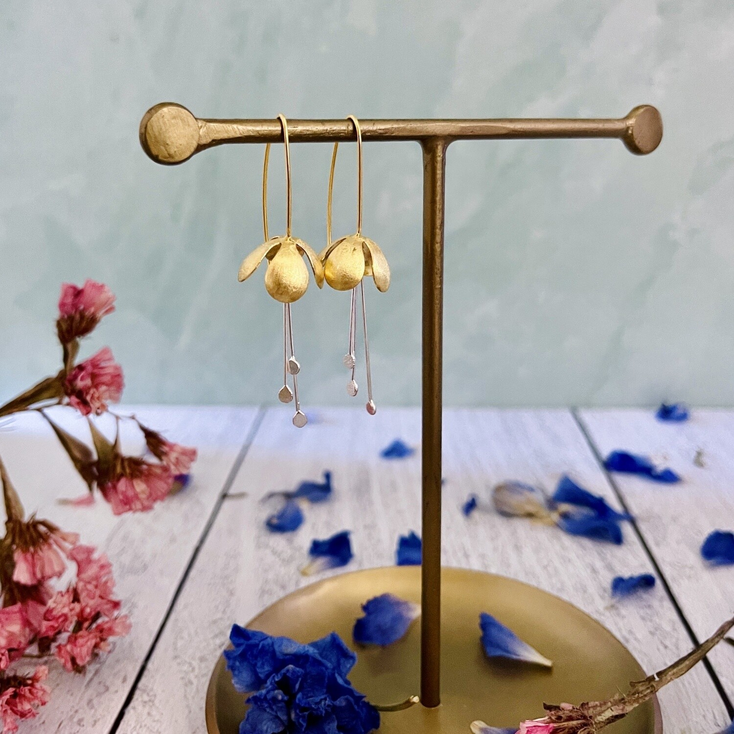 Two Tone  Dangling Flower Earrings, SS &amp; GV
