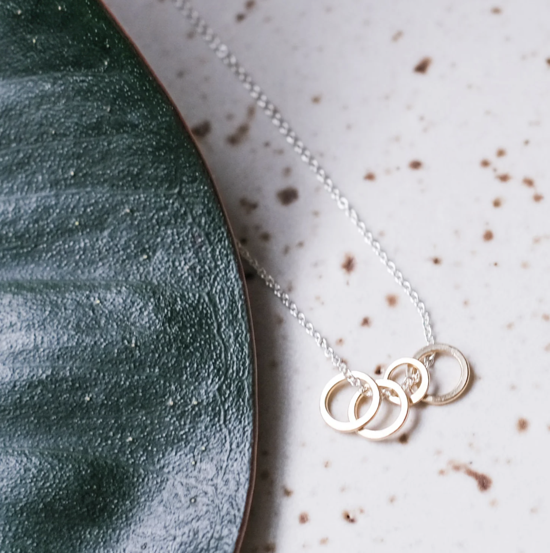Cluster Necklace: 4 Tiny Gold Circles on 18&quot; Silver Chain