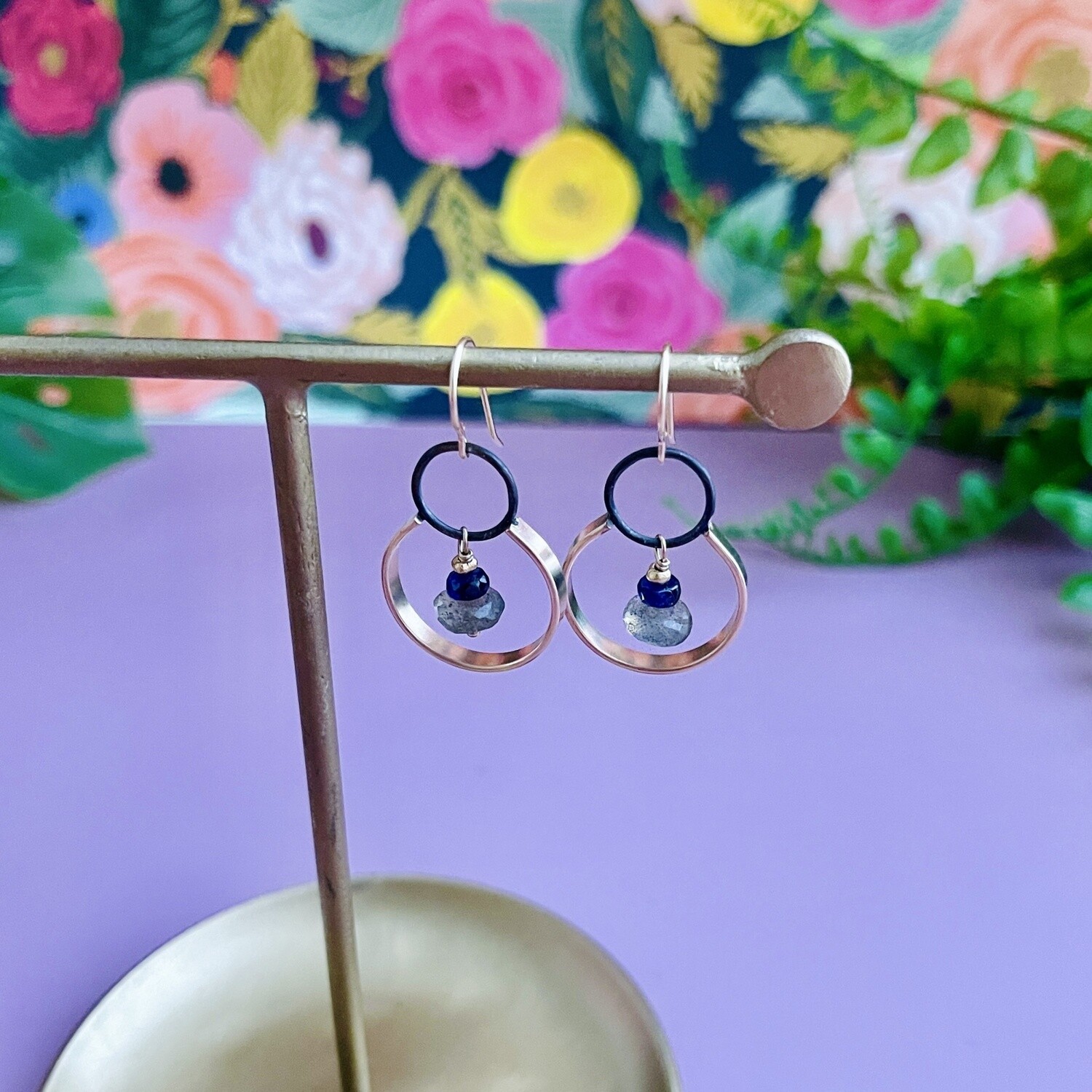 Handmade Labradorite and blue sapphire in ox sterling 14kt gold filled earring
