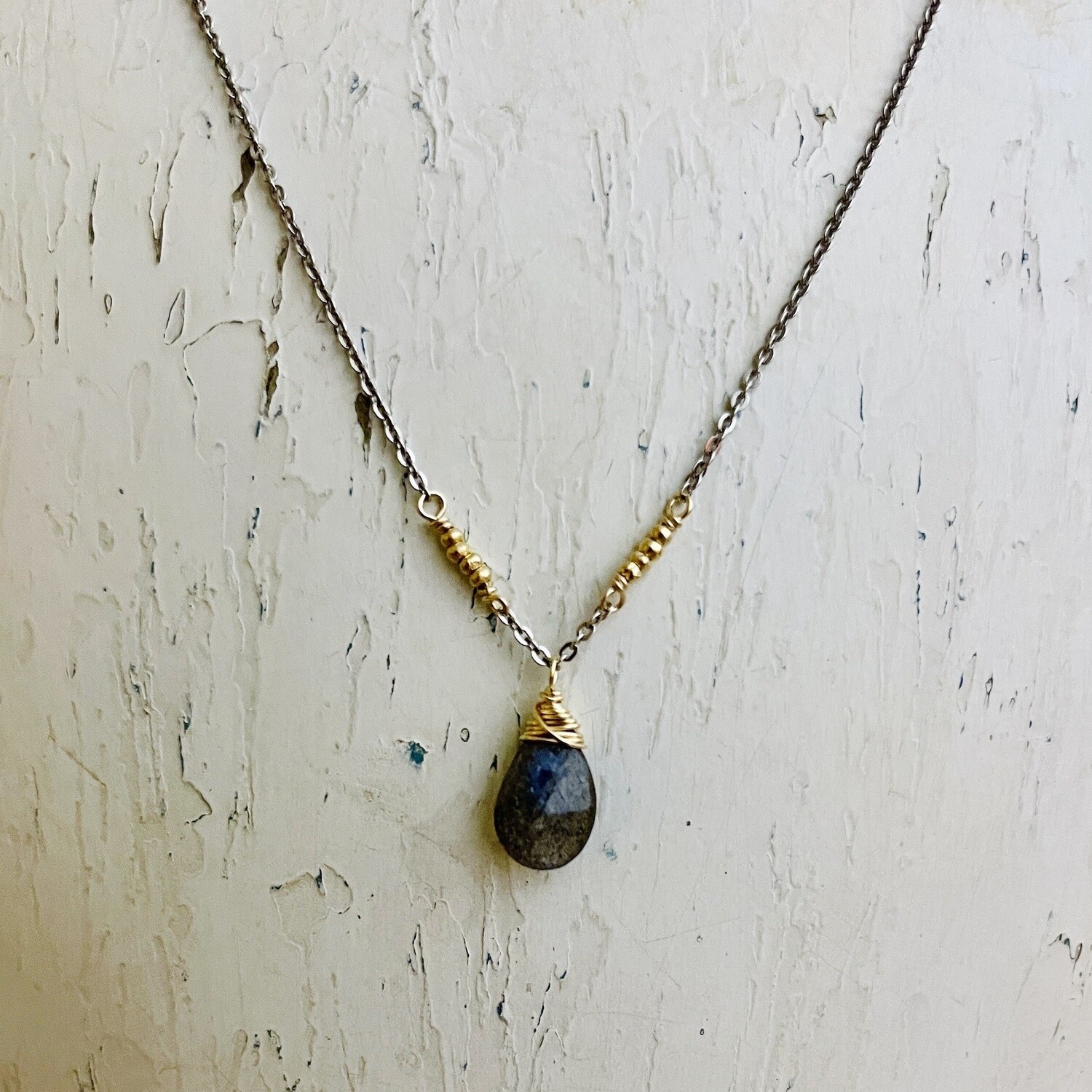 14kt gold filled wrapped 12mm faceted labradorite pear on oxidized sterling chain necklace - dno