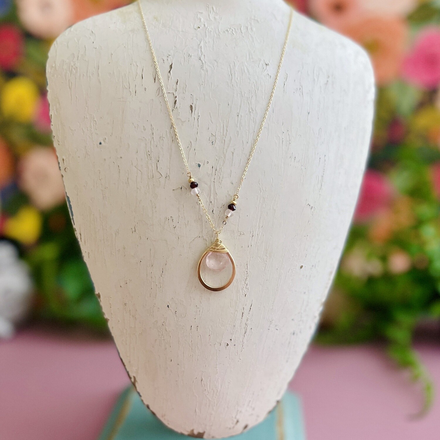 Handmade Faceted rose quartz set in 14kt gold filled teardrop necklace. 16"L - dno