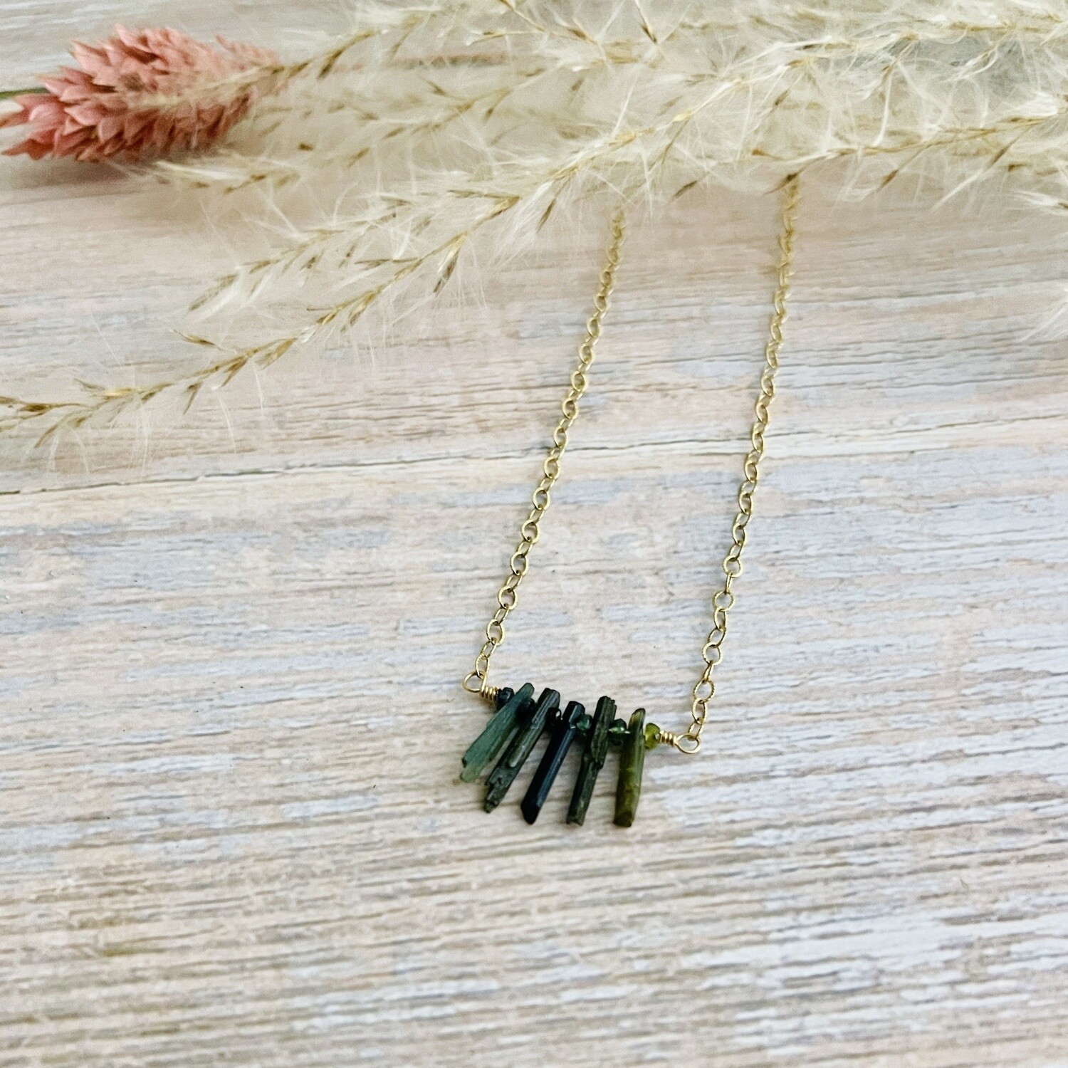 Handmade Necklace with 14 k g.f. chain, 5 green tourmaline
