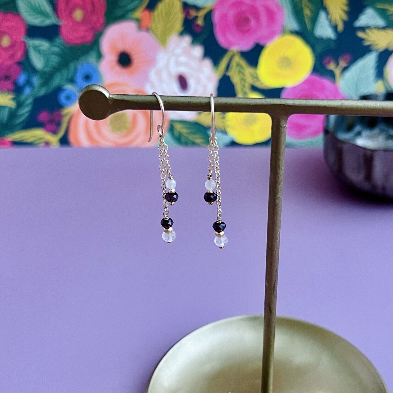 Handmade Rose quartz, garnet 14kt gold filled dangle earring