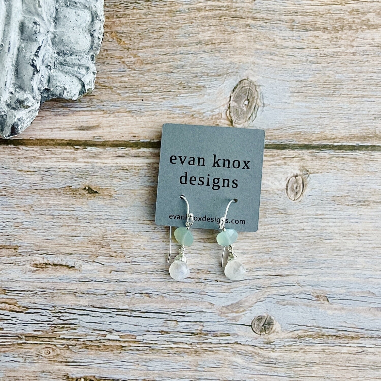 Handmade Silver Earrings with rainbow moonstone briolette, chalcedony coin