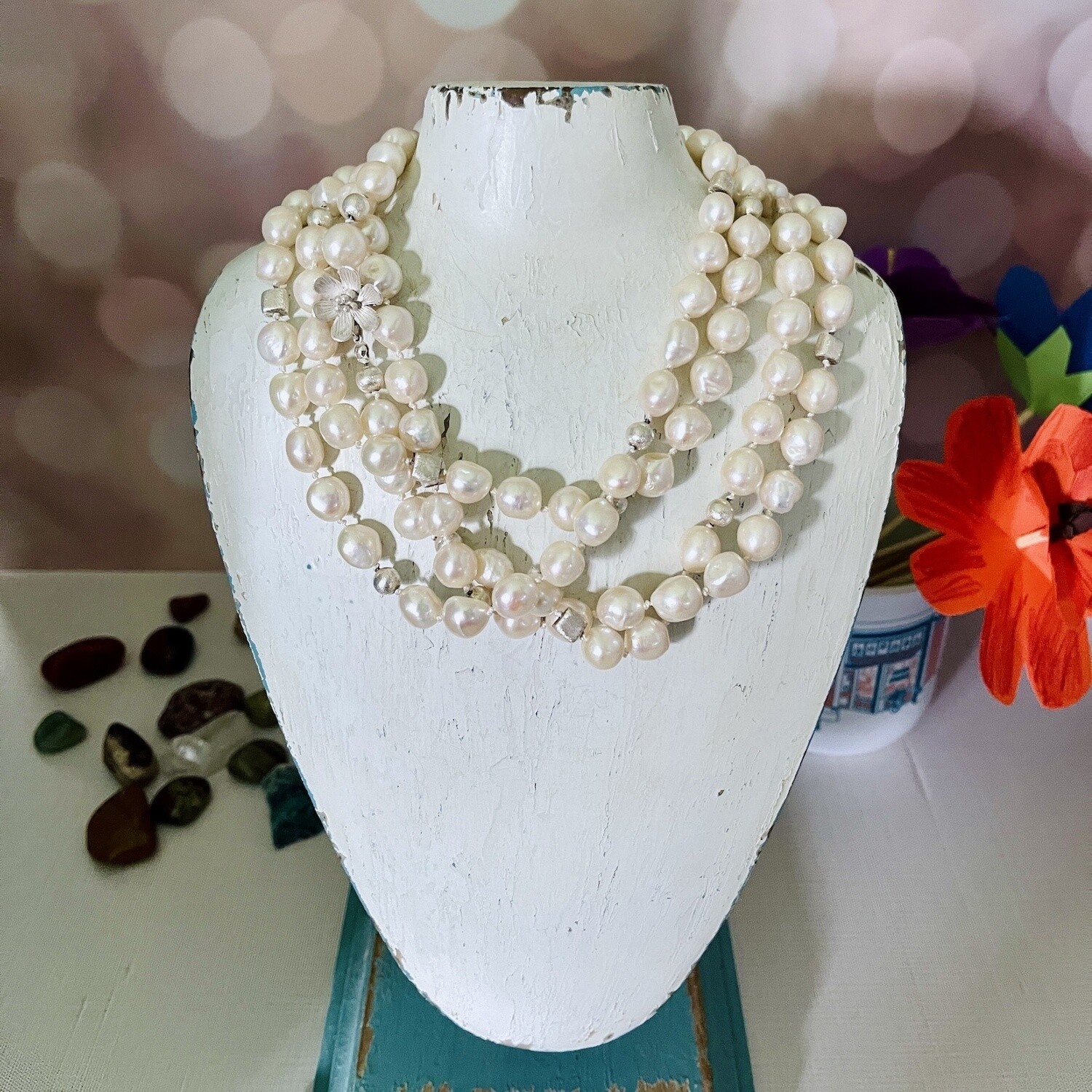 Handmade Necklace with white pearls, brushed silver squares and balls knotted on white silk 65 1/2&quot;