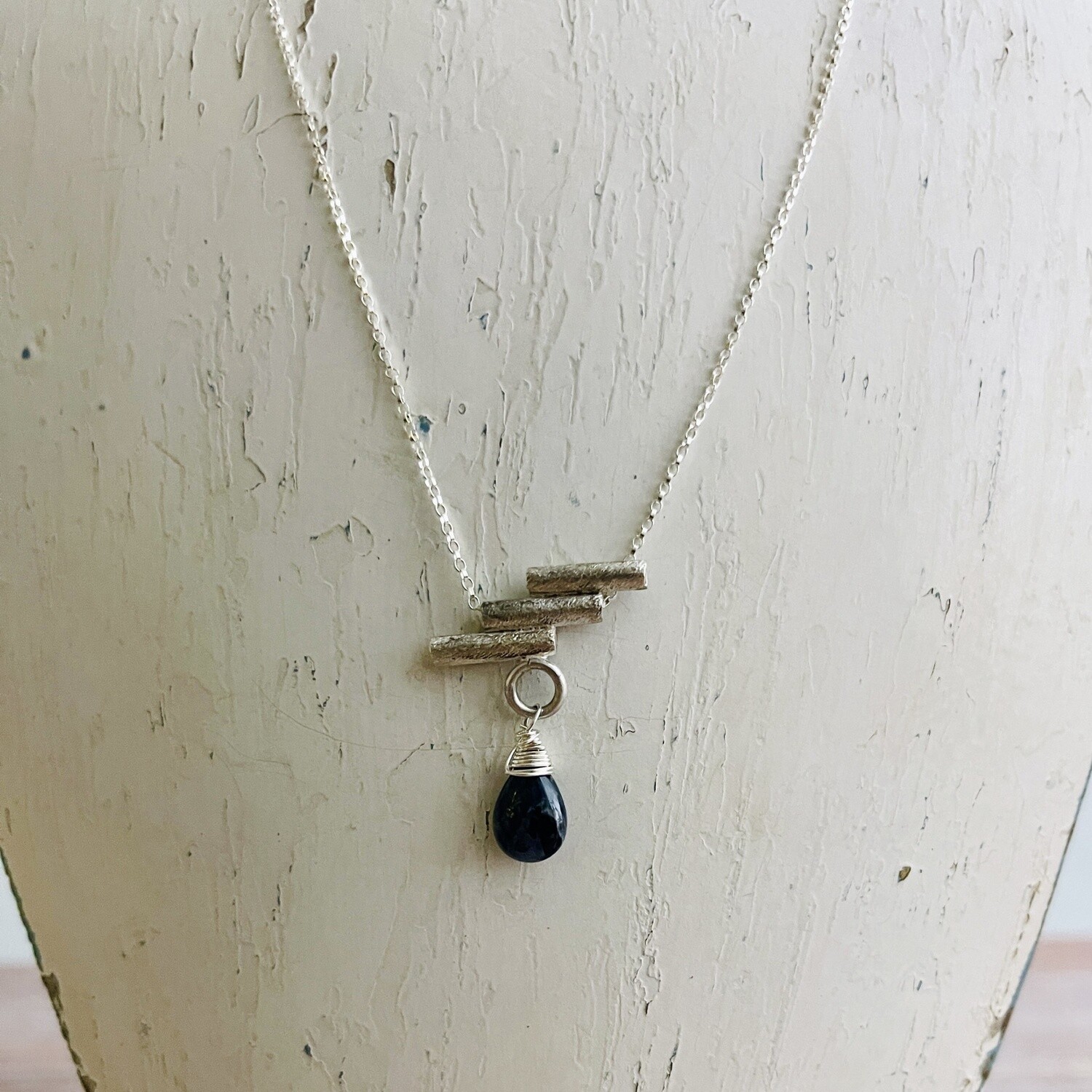 Handmade Necklace with 3 brushed tube bail, pietersite briolette, 18&quot;, 1&quot;
