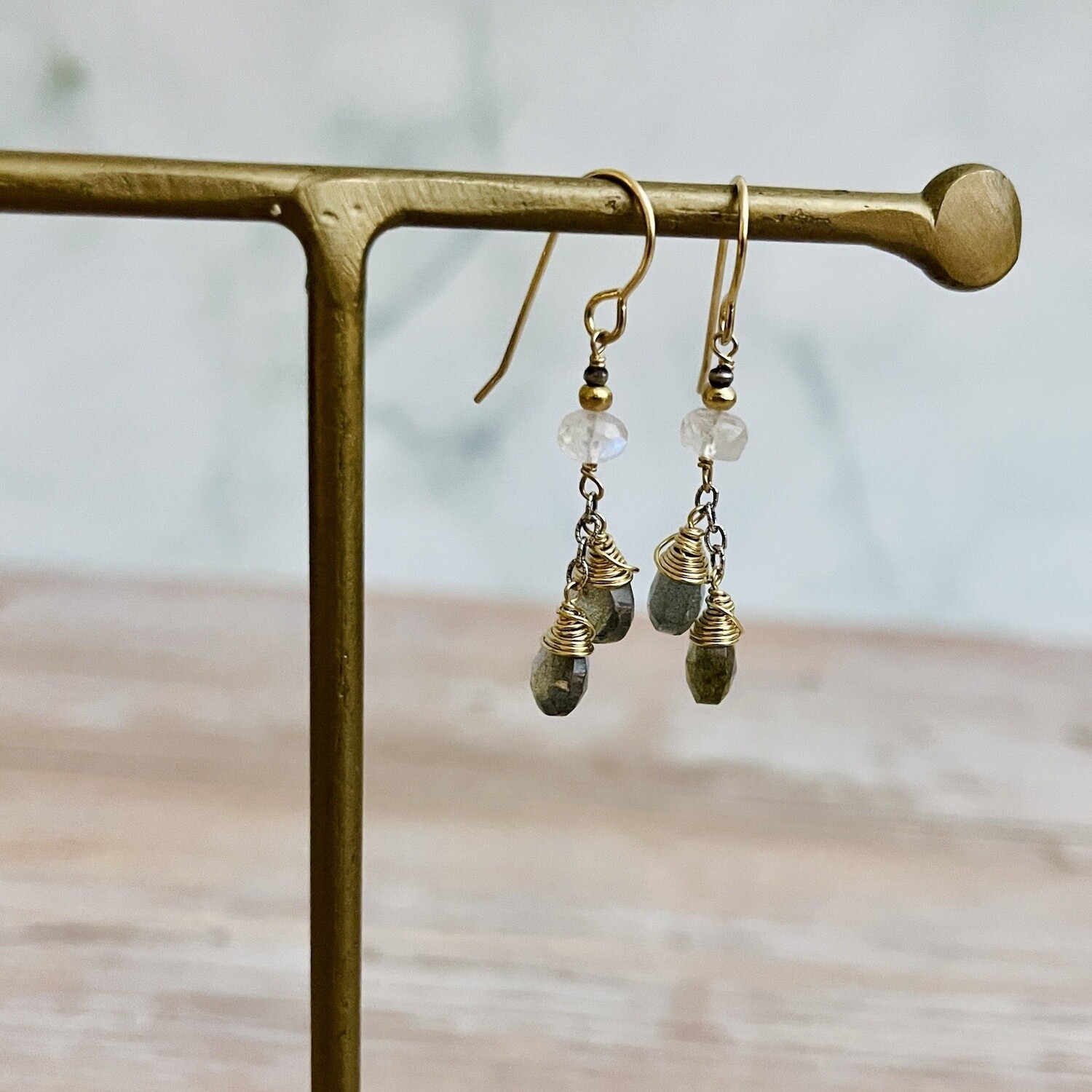14kt gf wrapped faceted labradorite pears hang from moonstone earring - dno
