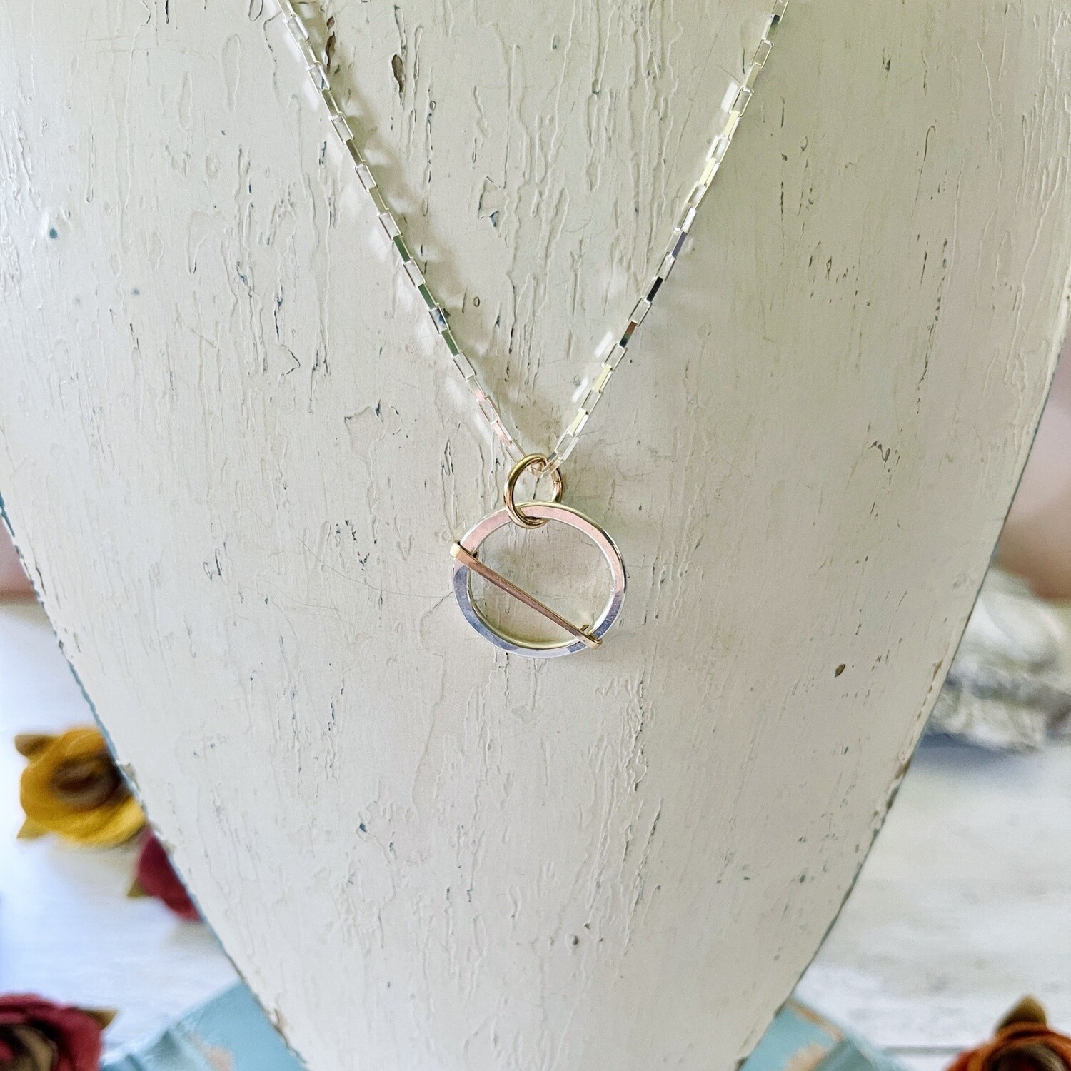 Bubble Necklace: Hammered Silver Circle w/ Gold Detail on 18&quot; Silver Chain