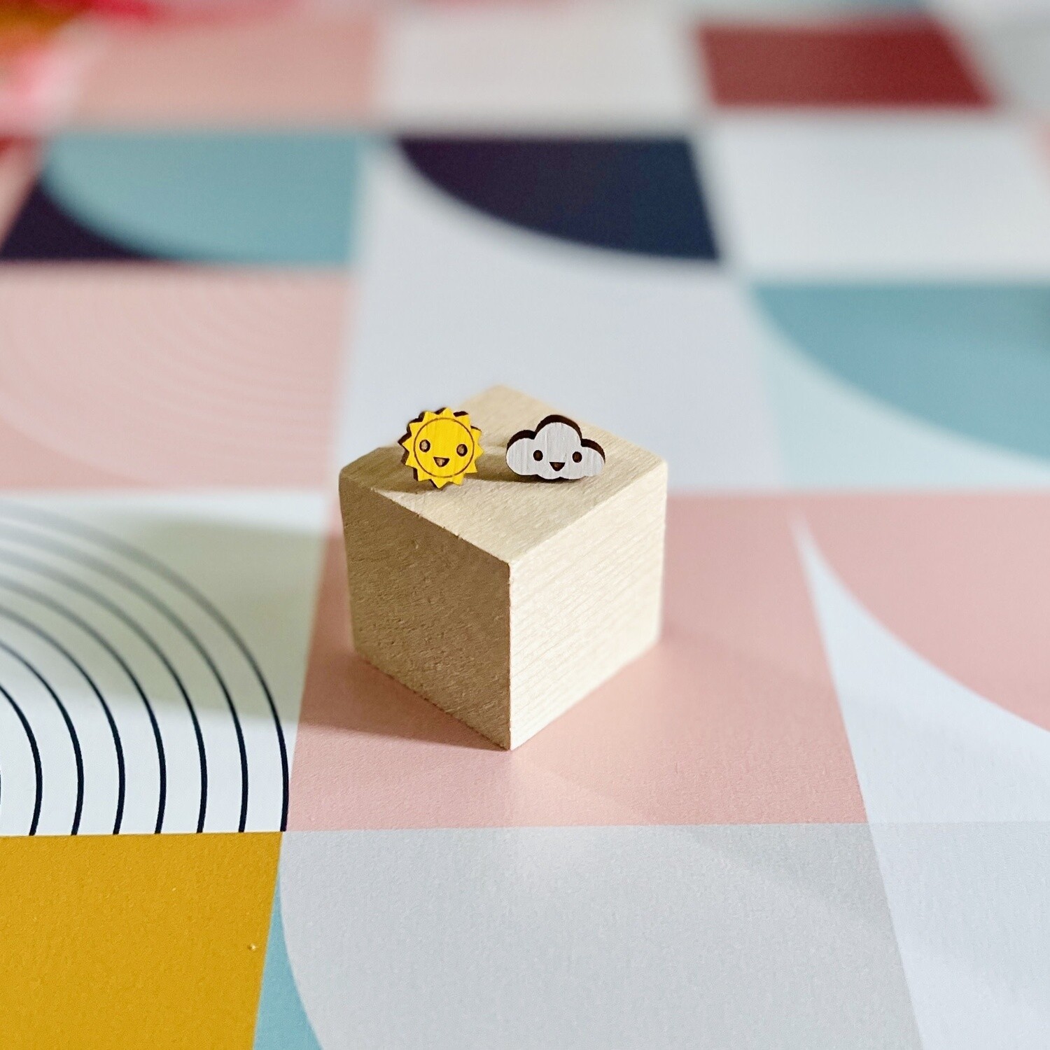 Cute Sun &amp; Cloud Lasercut Wood Earrings on Sterling Silver Posts