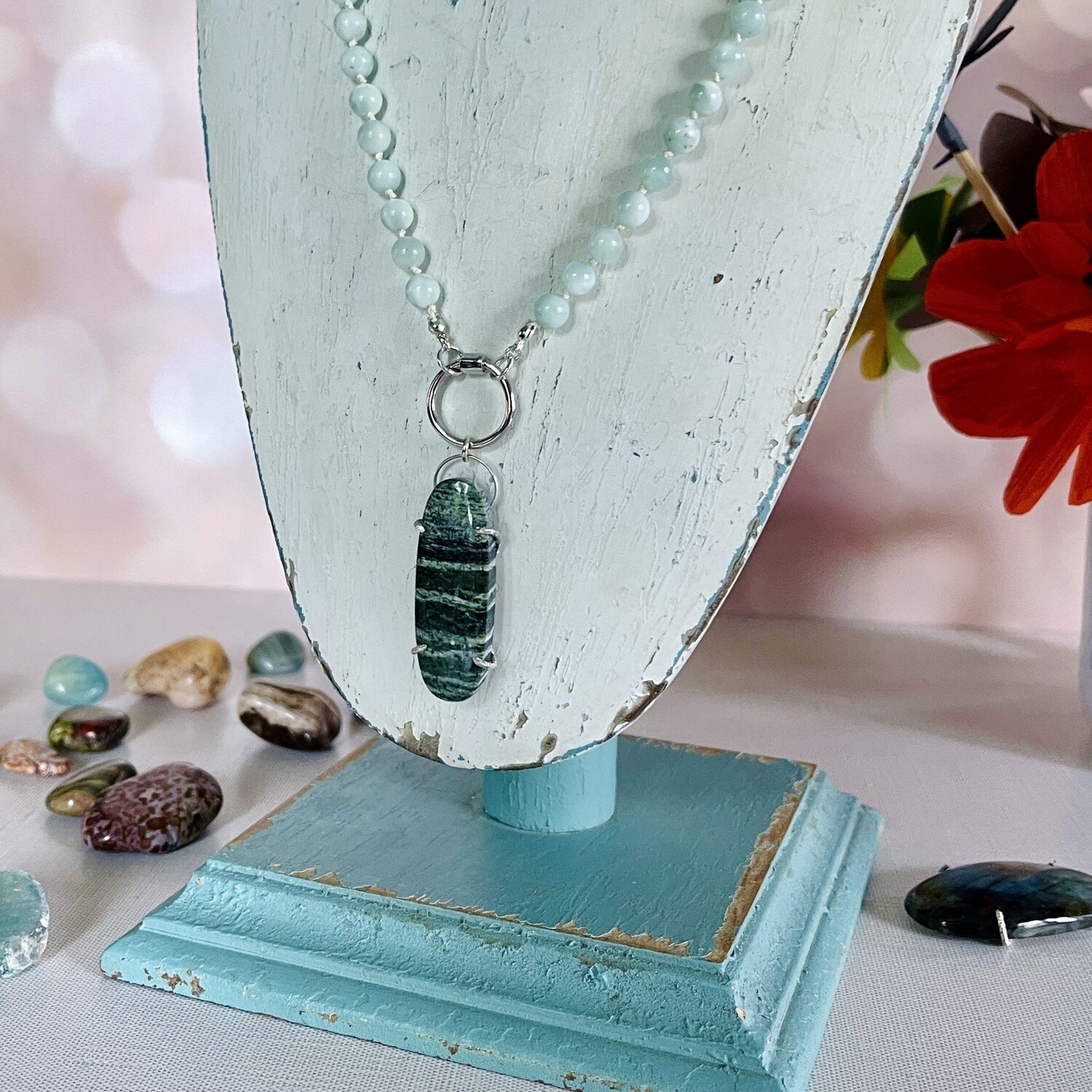 Handmade Necklace with green angelite knotted on white silk, round silver carabiner, removable prong set serpentine