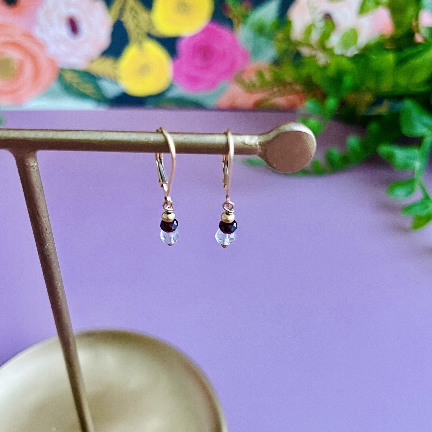 Handmade Rose quartz, garnet 14kt gold filled earring