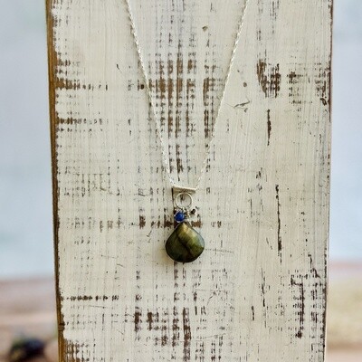 Handmade Silver Necklace with big labradorite briolette, multi sapphire cluster on brushed tube with ring