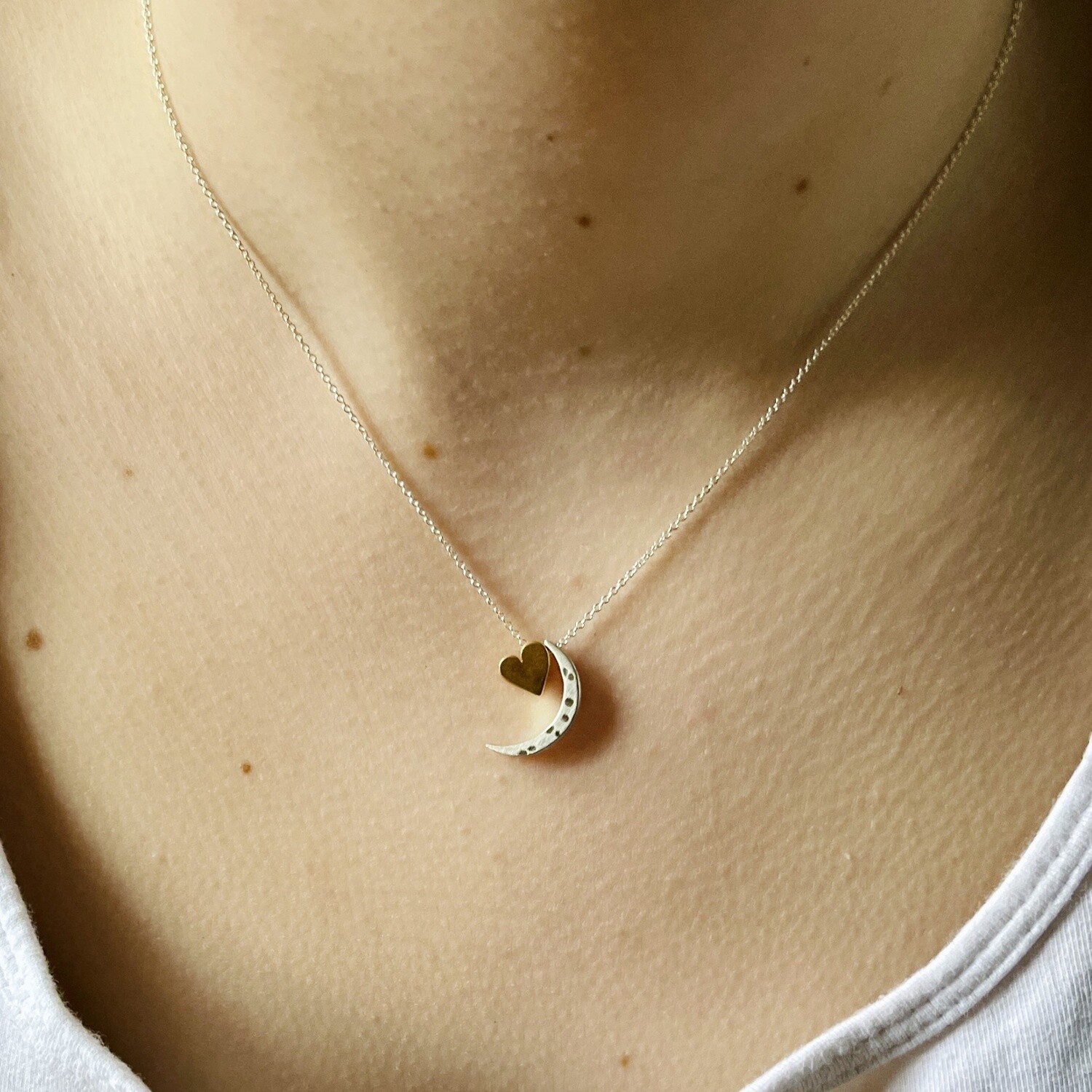Moon w/Heart Necklace on Silver 18&quot; Chain