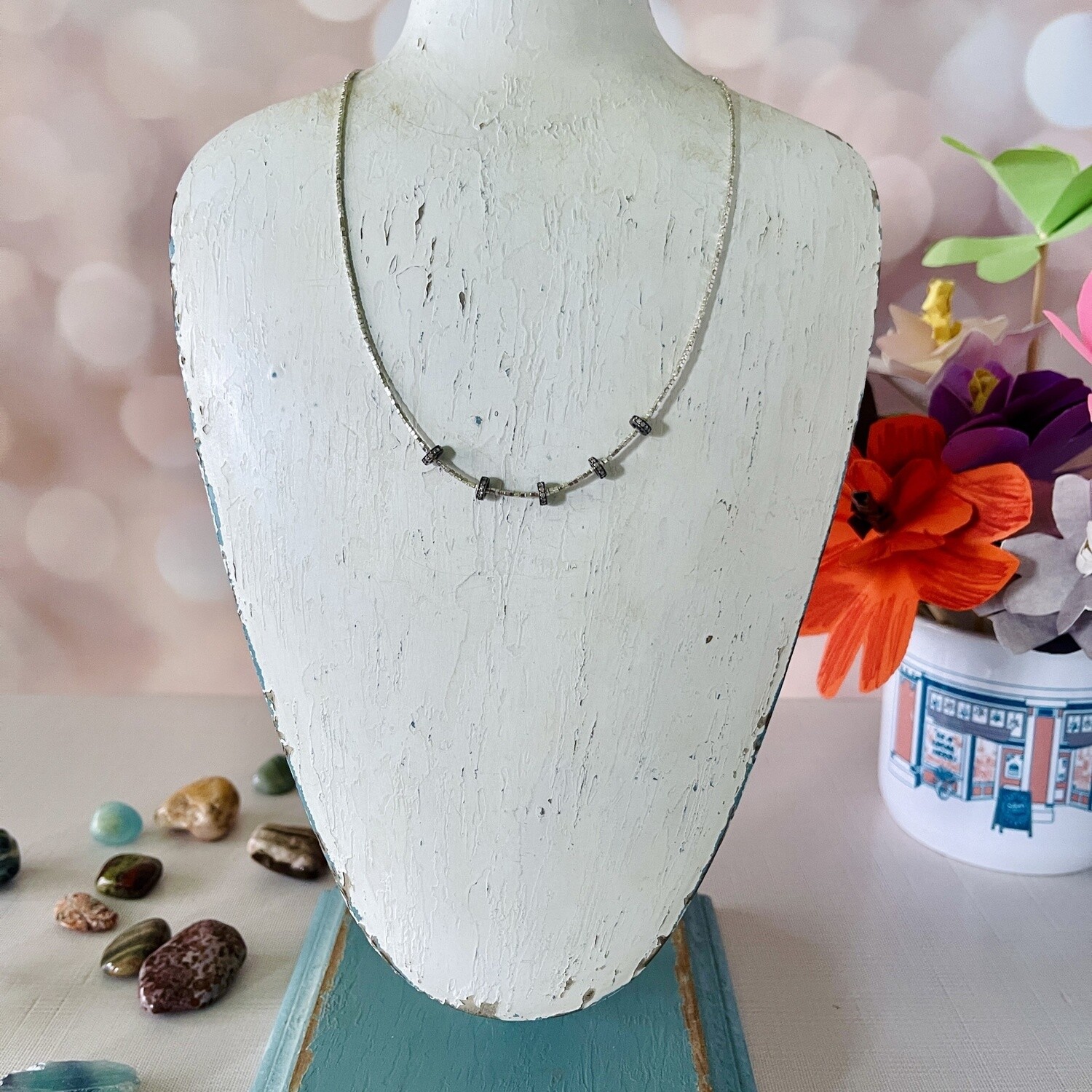 Handmade Necklace with tiny silver cubes strung with pave disc stations