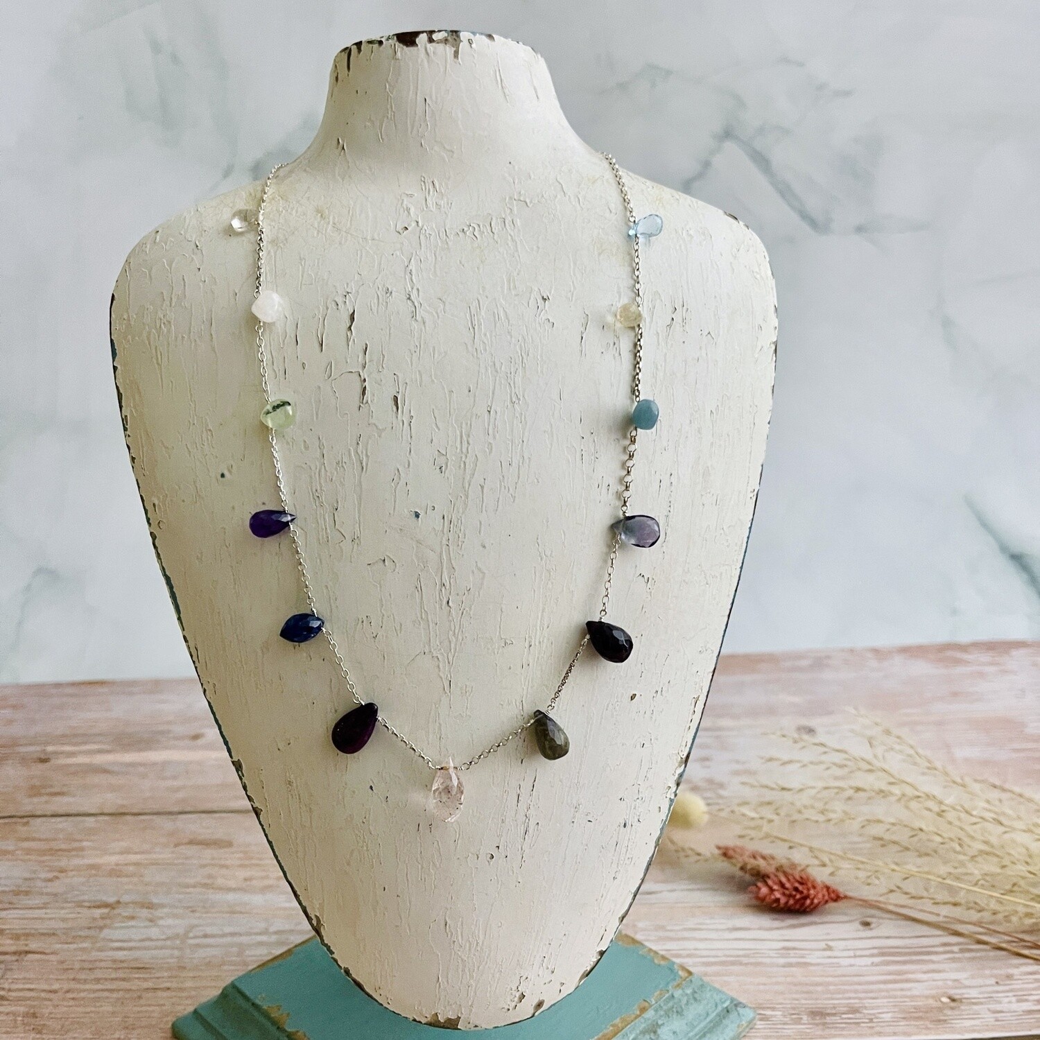 Handmade Necklace with sky blue topaz, citrine, blue quartz, fluorite, garnet, labradorite, lepidochrosite, ruby zoisite, kyanite, amethyst, rutilated prehnite, rainbow moonstone, imperial topaz,