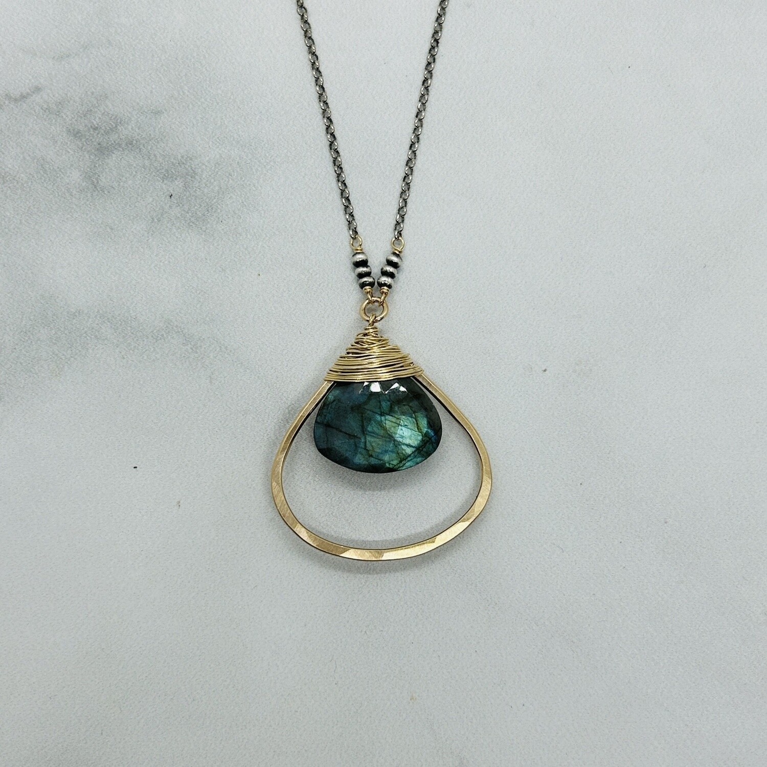 Handmade 14kt GF Teardrop w/Faceted Labradorite Pear on Oxizided SS Chain Necklace