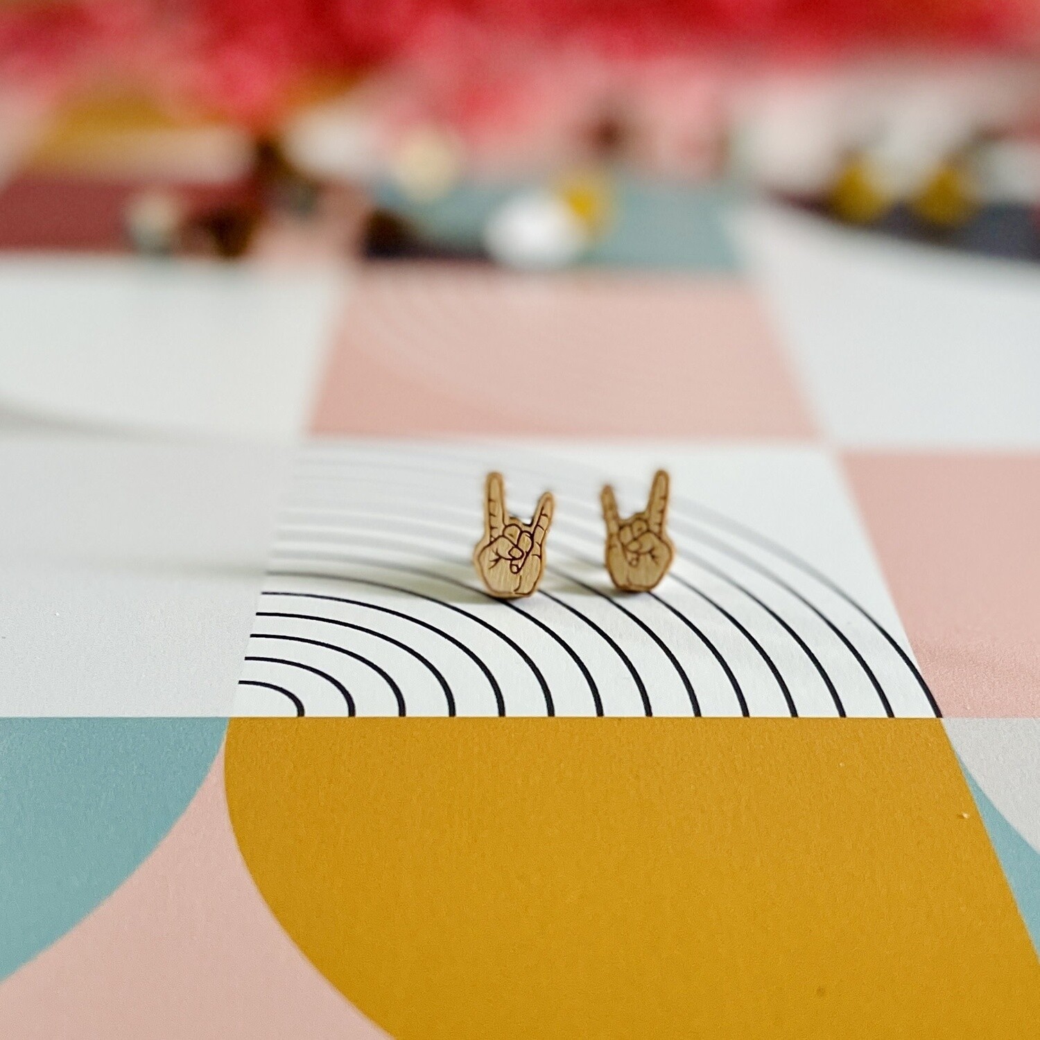Rock On Hands Lasercut Wood Earrings on Sterling Silver Posts