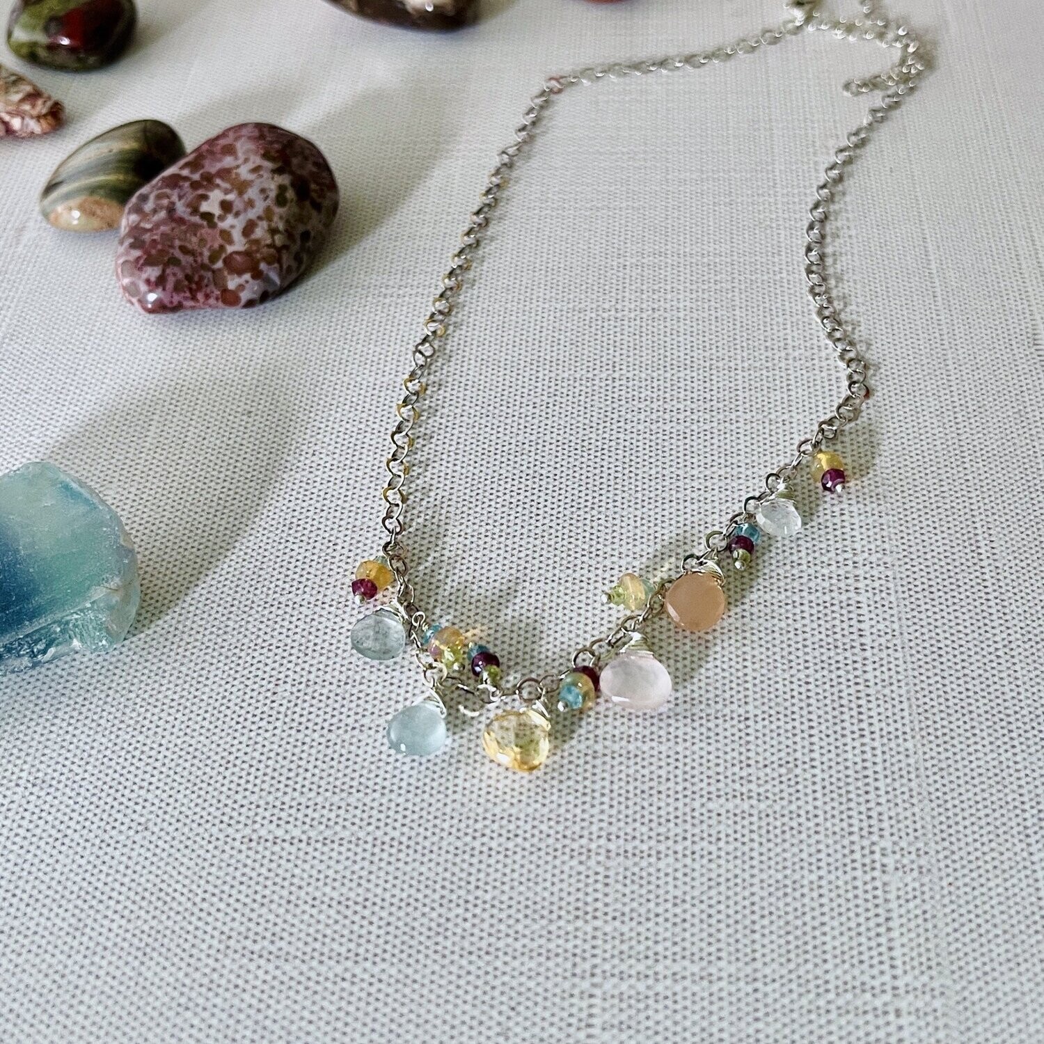 Handmade Necklace with rainbow moonstone, rose quartz, peach moonstone, citrine, moss aquamarine, aquamarine, opal, peridot, rhodolite garnet