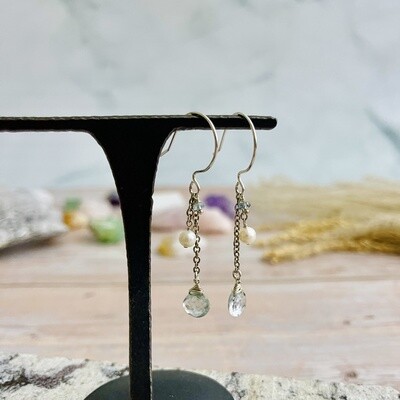 Handmade Silver Earrings with moss aquamarine briolette, rondelle, white pearl on chain