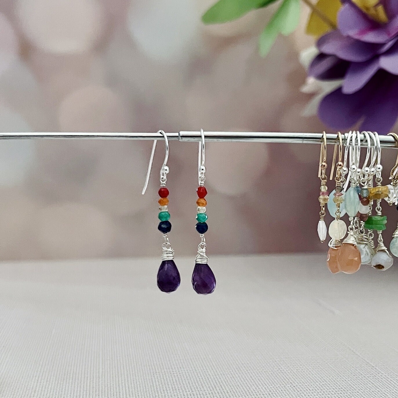Handmade Earrings with pride: amethyst briolette, stack coral, carnelian, lemon quartz, green onyx, lapis